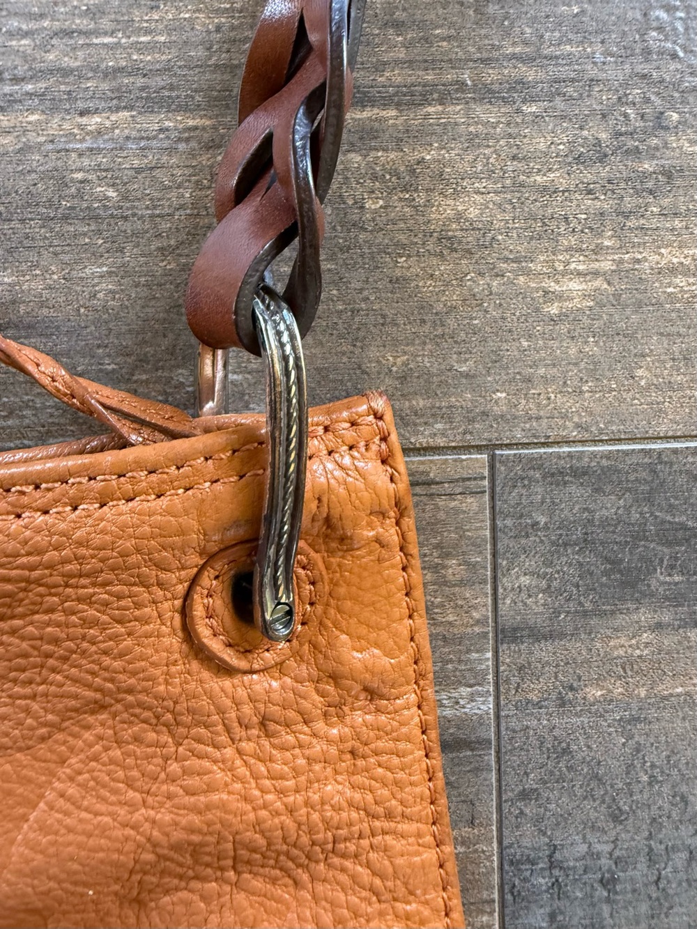 Brighton Piper Slim Embossed Leather Shoulder Purse Bag w Tassel, Orange and Tan - Picture 5 of 13